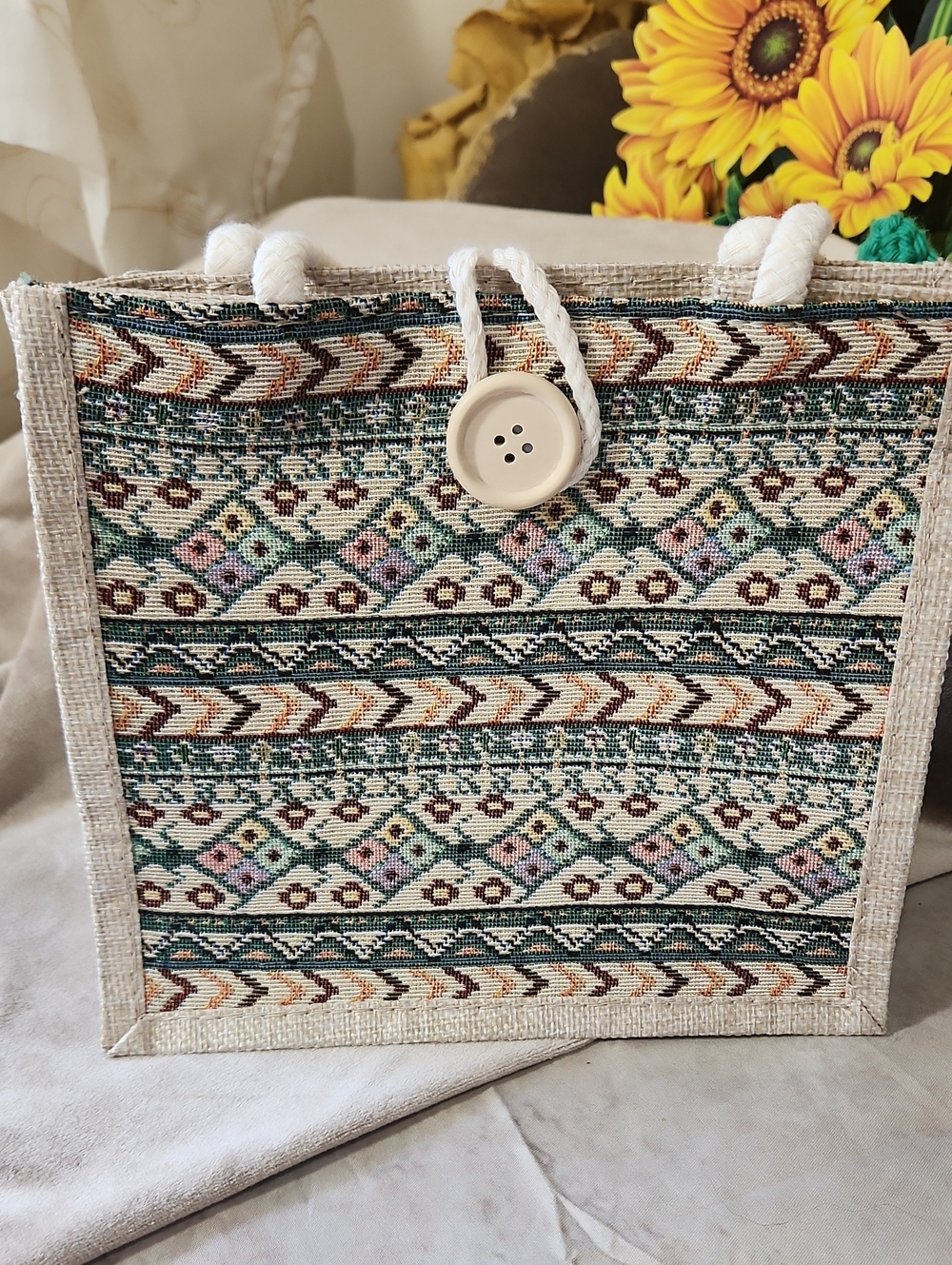 Woven Mini Tote in Cream with Teal Pattern Accents